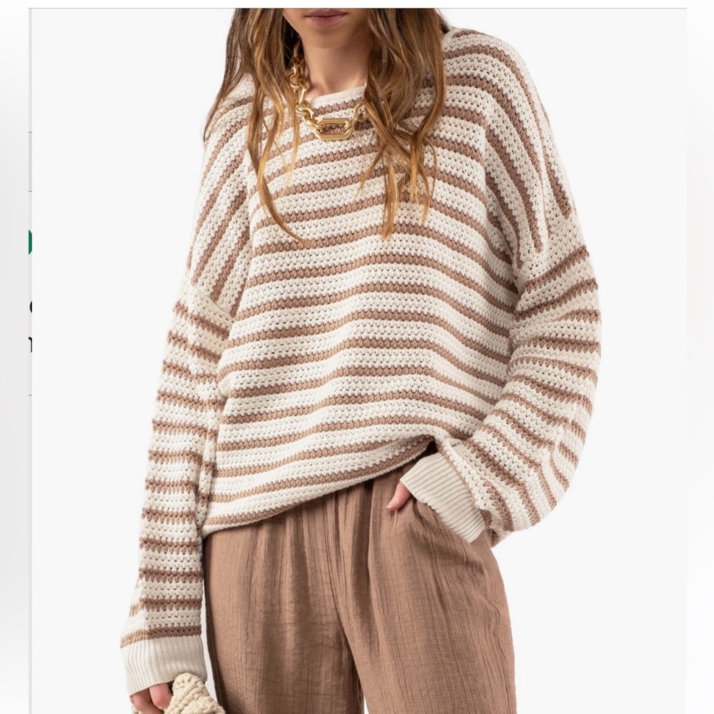 Blu Pepper Stripe Cotton Knit Sweater Size Large beige cream stripes